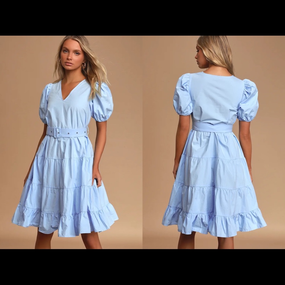 Ruby Light Blue Puff Sleeve Belted Midi Dress